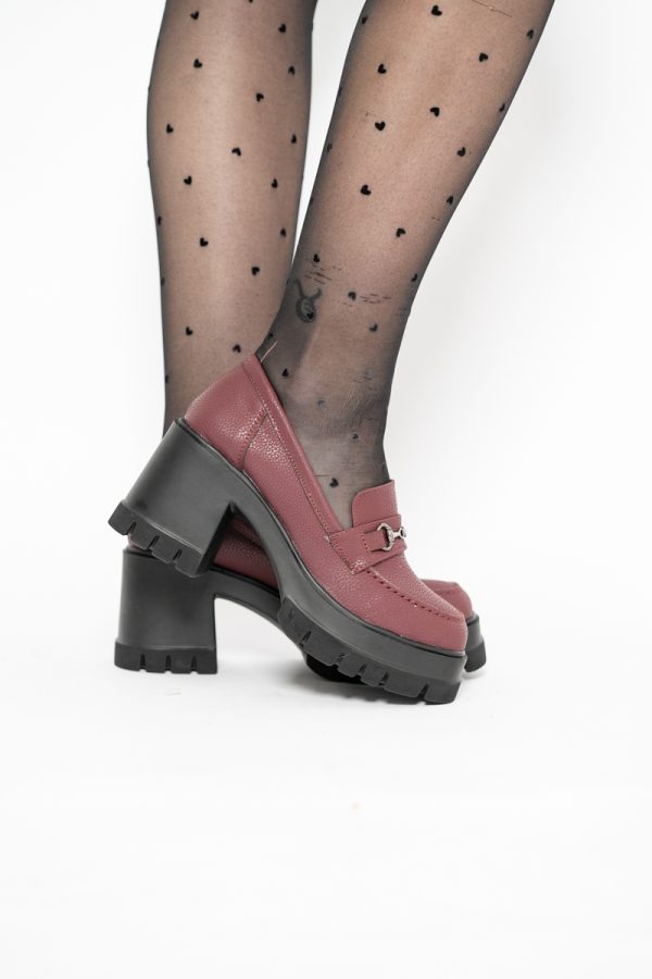 Pantofi Damă Casual cu Toc Tip Loafer din Piele Ecologică Bordo Mat- BS604AY2409913 119
