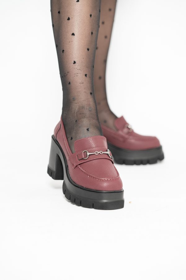 Pantofi Damă Casual cu Toc Tip Loafer din Piele Ecologică Bordo Mat- BS604AY2409913 123