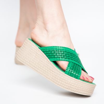 Papuci Damă cu Tapă Groasă din Piele Naturală culoare Verde Nicoletta (BS30320TR2405569)