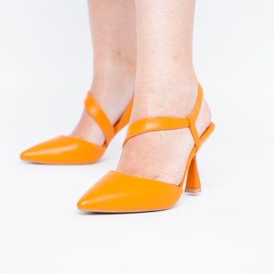 Pantofi Damă cu Toc Subțire din Piele Ecologică cu elastic Portocaliu BS610AY2405596