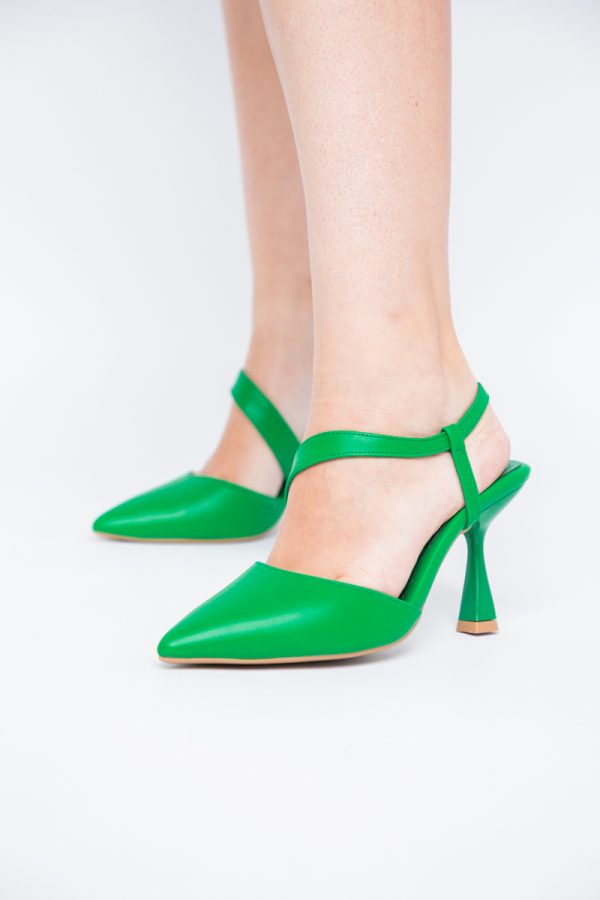 Pantofi Damă cu Toc Subțire din Piele Ecologică cu elastic Verde BS610AY2405598 119