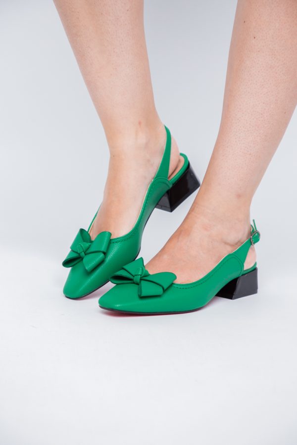 Pantofi Damă cu Toc Jos Deschiși cu Fundiță din Piele Ecologică Verde Benetton Mat 119