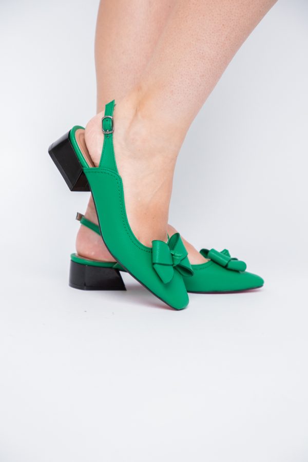 Pantofi Damă cu Toc Jos Deschiși cu Fundiță din Piele Ecologică Verde Benetton Mat 120