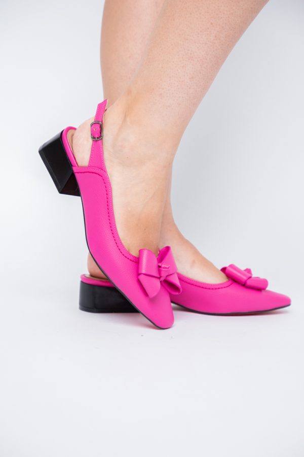 Pantofi Damă cu Toc Jos Deschiși cu Fundiță din Piele Ecologică Fuchsia Mat 121