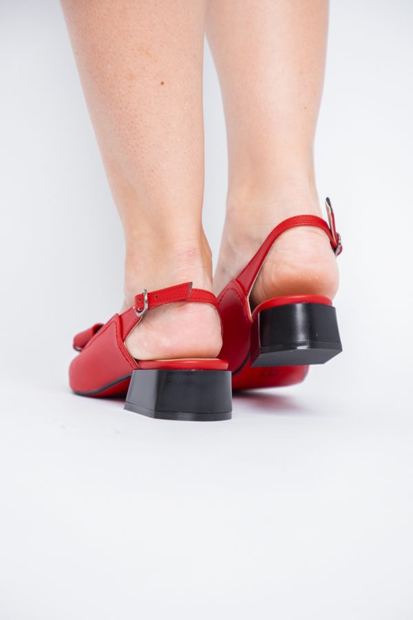 Pantofi Damă cu Toc Jos Deschiși cu Fundiță din Piele Ecologică Roșu Mat 125