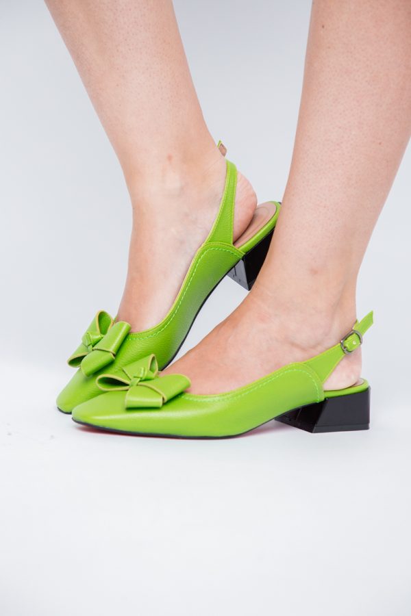 Pantofi Damă cu Toc Jos Deschiși cu Fundiță din Piele Ecologică Verde lemon Mat 119