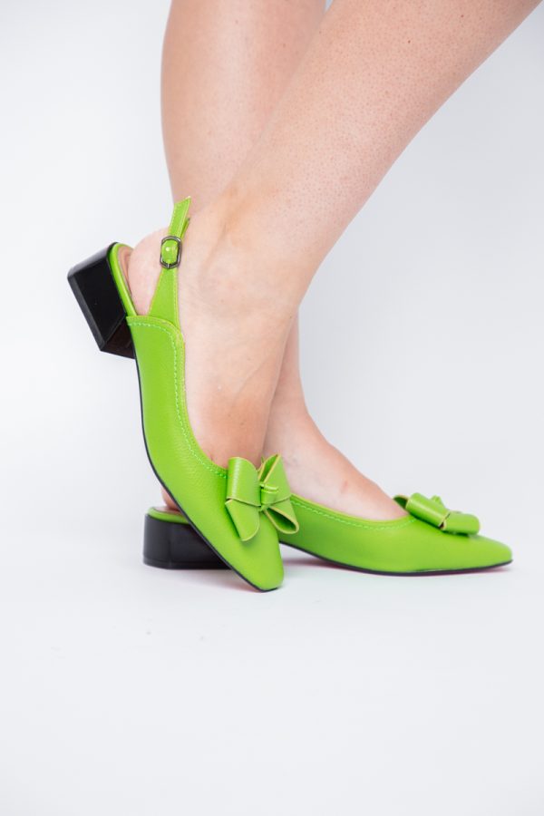 Pantofi Damă cu Toc Jos Deschiși cu Fundiță din Piele Ecologică Verde lemon Mat 121