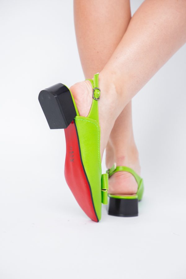 Pantofi Damă cu Toc Jos Deschiși cu Fundiță din Piele Ecologică Verde lemon Mat 123