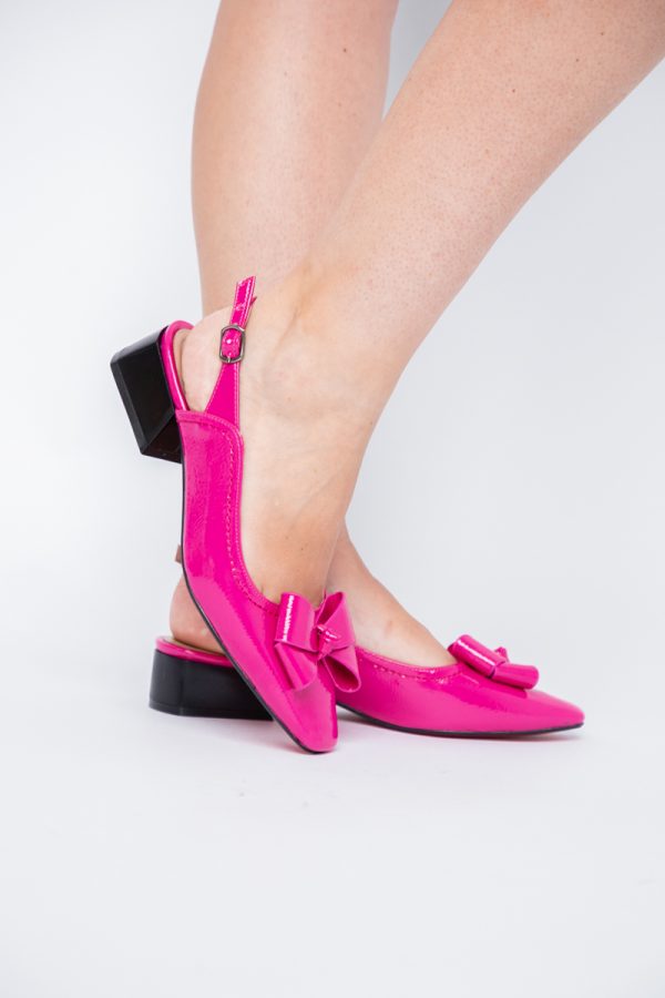 Pantofi Damă cu Toc Jos Deschiși cu Fundiță din Piele Ecologică Fuchsia Lac 121
