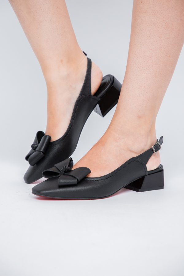 Pantofi Damă cu Toc Jos Deschiși cu Fundiță din Piele Ecologică Negru Mat 119