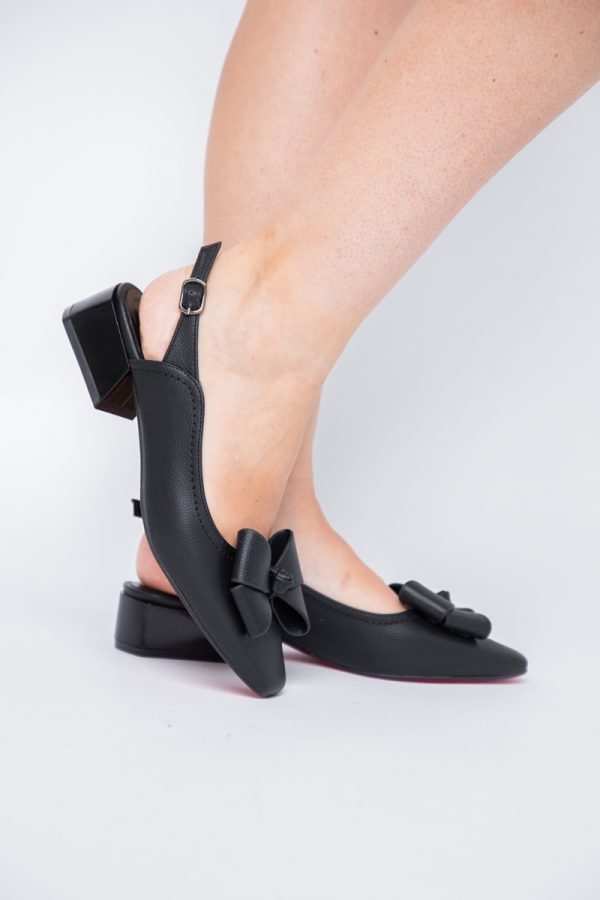 Pantofi Damă cu Toc Jos Deschiși cu Fundiță din Piele Ecologică Negru Mat 121
