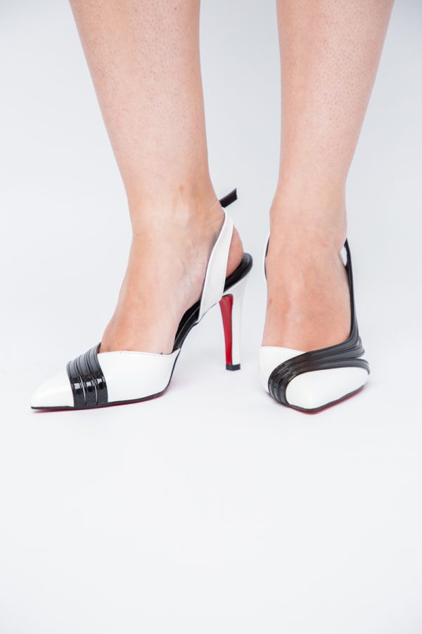 Pantofi Damă cu Toc Subțire din Piele Ecologică Alb-Negru BS793AY2405551 123
