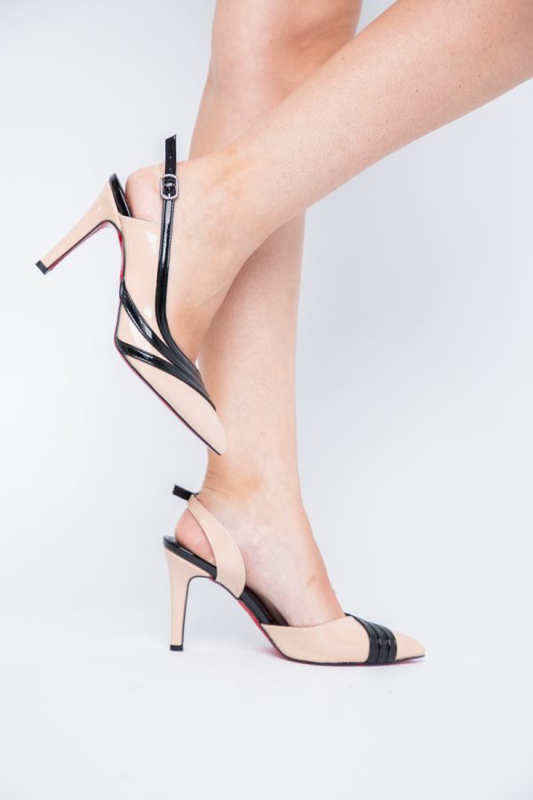 Pantofi Damă cu Toc Subțire din Piele Ecologică  Bej-Negru BS793AY2405550 123