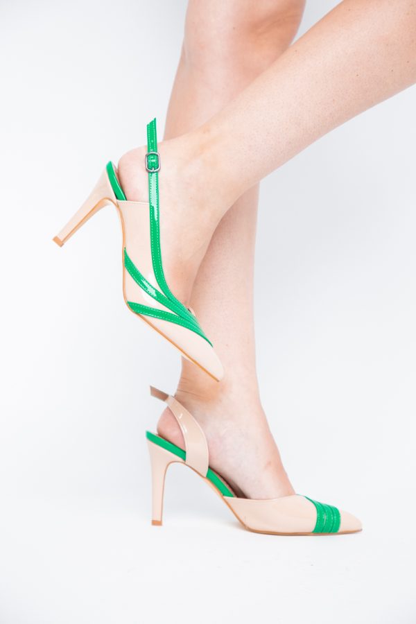 Pantofi Damă cu Toc Subțire din Piele Ecologică Bej-Verde BS793AY2405552 121
