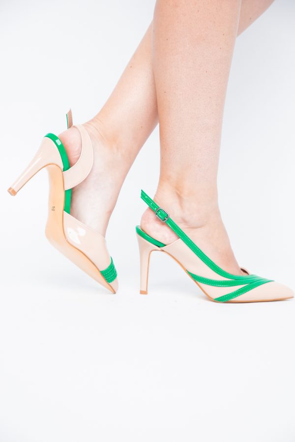 Pantofi Damă cu Toc Subțire din Piele Ecologică Bej-Verde BS793AY2405552 119