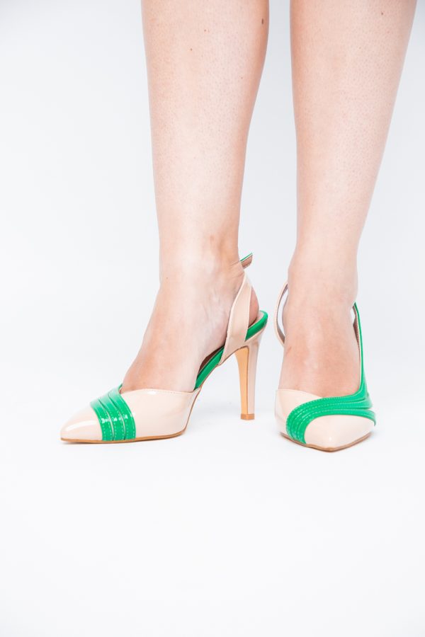 Pantofi Damă cu Toc Subțire din Piele Ecologică Bej-Verde BS793AY2405552 123