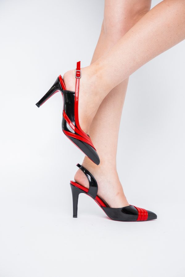 Pantofi Damă cu Toc Subțire din Piele Ecologică Negru-Roșu BS793AY2405549 121