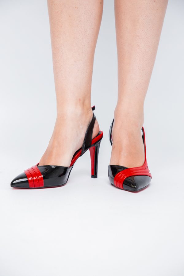 Pantofi Damă cu Toc Subțire din Piele Ecologică Negru-Roșu BS793AY2405549 123