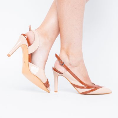 Pantofi Damă cu Toc Subțire din Piele Ecologică Bej-Maro BS793AY2405548