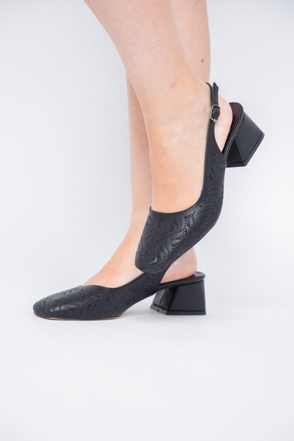 Pantofi Damă Negri cu Toc Jos din Piele Ecologică modele cu microperforații 121
