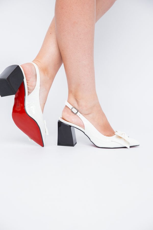 Pantofi damă cu Toc Eleganti Albi Decupați cu Fundiță din Piele Ecologica 123