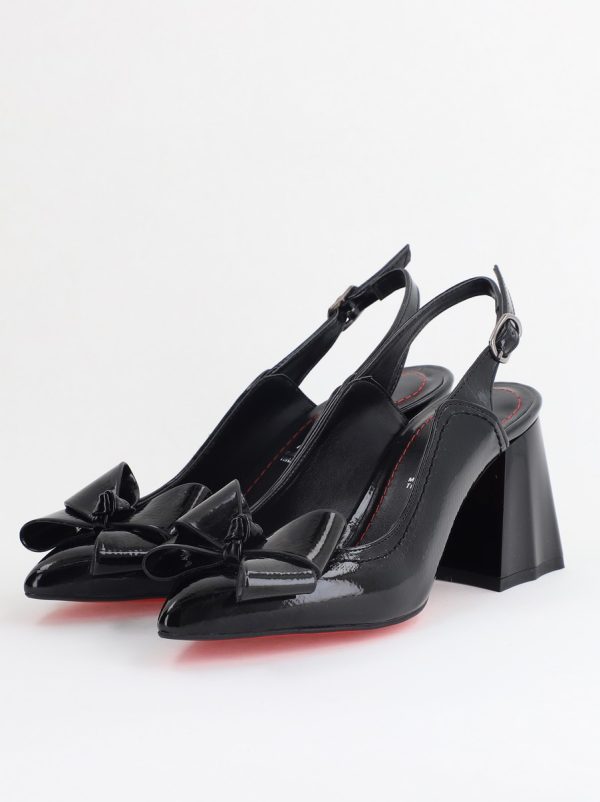 Pantofi damă cu Toc Eleganti Decupați cu Fundiță din Piele Ecologica culoare Negru lac - BS12000D2405486 120