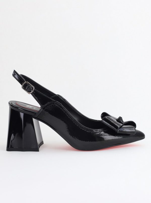 Pantofi damă cu Toc Eleganti Decupați cu Fundiță din Piele Ecologica culoare Negru lac - BS12000D2405486 122