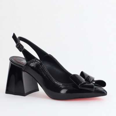 Pantofi damă cu Toc Eleganti Decupați cu Fundiță din Piele Ecologica culoare Negru lac - BS12000D2405486