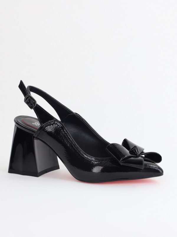 Noutăți - Pantofi damă cu Toc Eleganti Decupați cu Fundiță din Piele Ecologica culoare Negru lac - BS12000D2405486