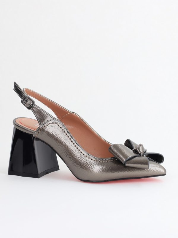 Incaltaminte Dama - Pantofi damă cu Toc Eleganti Decupați cu Fundiță din Piele Ecologica culoare Platină - BS12000D2405485