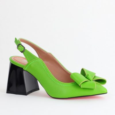 Pantofi damă cu Toc Eleganti Decupați cu Fundiță din Piele Ecologica culoare Verde lemon- BS12000D2405490