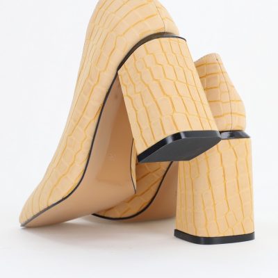 Pantofi Damă cu Toc Gros din Piele Ecologică texturată bej texturat BS01AY2411128