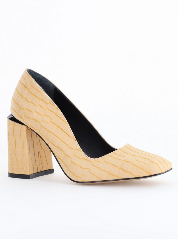Incaltaminte Dama - Pantofi Damă cu Toc Gros din Piele Ecologică texturată bej texturat BS01AY2411128