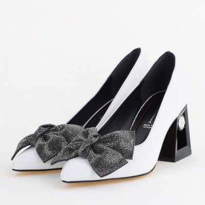 Pantofi Damă cu Toc Gros Piele Ecologică cu Fundiță Varf Ascutit culoare Alb - BS015AY2405582
