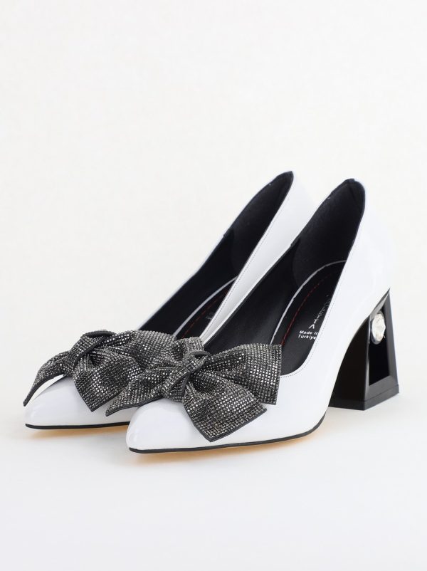 Pantofi Damă cu Toc Gros Piele Ecologică cu Fundiță Varf Ascutit culoare Alb - BS015AY2405582 119
