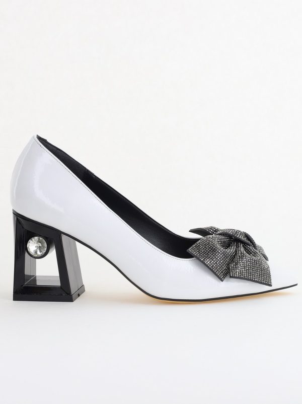 Pantofi Damă cu Toc Gros Piele Ecologică cu Fundiță Varf Ascutit culoare Alb - BS015AY2405582 120
