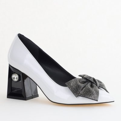 Pantofi Damă cu Toc Gros Piele Ecologică cu Fundiță Varf Ascutit culoare Alb - BS015AY2405582