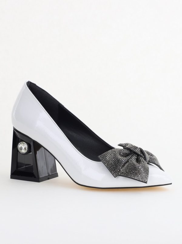 Incaltaminte Dama - Pantofi Damă cu Toc Gros Piele Ecologică cu Fundiță Varf Ascutit culoare Alb - BS015AY2405582