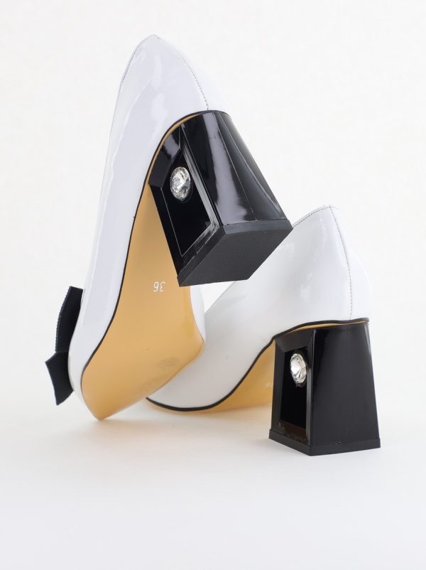 Pantofi Damă cu Toc Gros Piele Ecologică cu Fundiță Varf Ascutit culoare Alb - BS015AY2405582 123