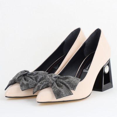 Pantofi Damă cu Toc Gros Piele Ecologică cu Fundiță Varf Ascutit culoare Bej - BS015AY2405581