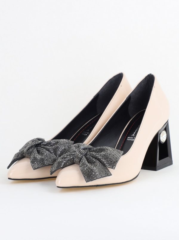 Pantofi Damă cu Toc Gros Piele Ecologică cu Fundiță Varf Ascutit culoare Bej - BS015AY2405581 119