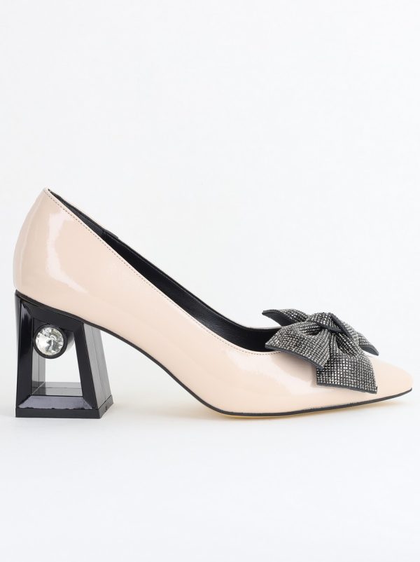 Pantofi Damă cu Toc Gros Piele Ecologică cu Fundiță Varf Ascutit culoare Bej - BS015AY2405581 120