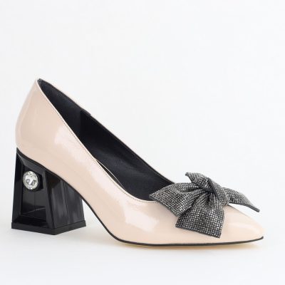 Pantofi Damă cu Toc Gros Piele Ecologică cu Fundiță Varf Ascutit culoare Bej - BS015AY2405581