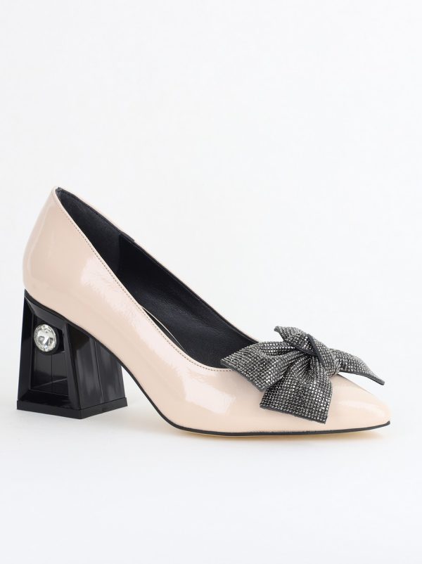 Incaltaminte Dama - Pantofi Damă cu Toc Gros Piele Ecologică cu Fundiță Varf Ascutit culoare Bej - BS015AY2405581