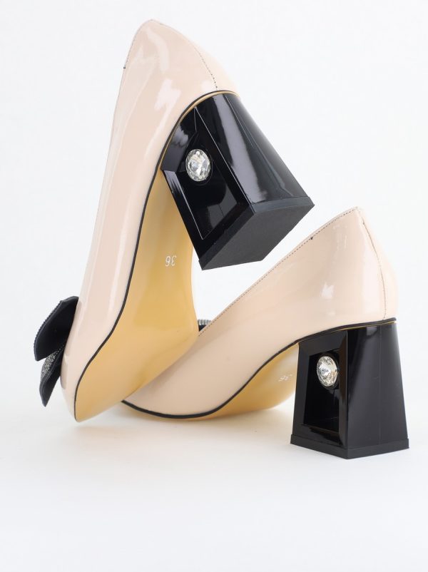 Pantofi Damă cu Toc Gros Piele Ecologică cu Fundiță Varf Ascutit culoare Bej - BS015AY2405581 123