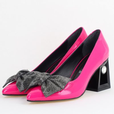 Pantofi Damă cu Toc Gros Piele Ecologică cu Fundiță Varf Ascutit culoare Fuchsia - BS015AY2405579