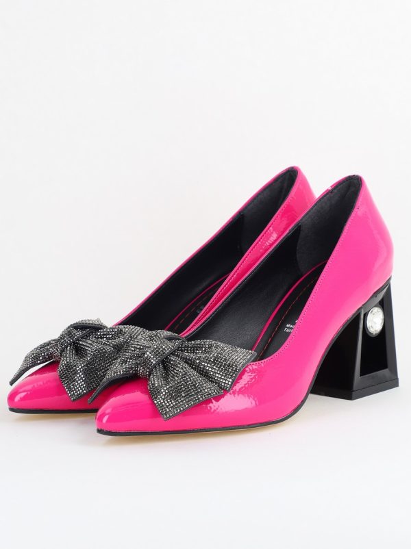 Pantofi Damă cu Toc Gros Piele Ecologică cu Fundiță Varf Ascutit culoare Fuchsia - BS015AY2405579 119