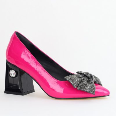 Pantofi Damă cu Toc Gros Piele Ecologică cu Fundiță Varf Ascutit culoare Fuchsia - BS015AY2405579