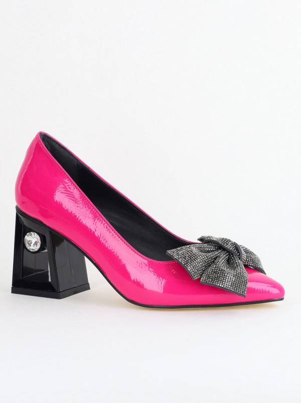Incaltaminte Dama - Pantofi Damă cu Toc Gros Piele Ecologică cu Fundiță Varf Ascutit culoare Fuchsia - BS015AY2405579