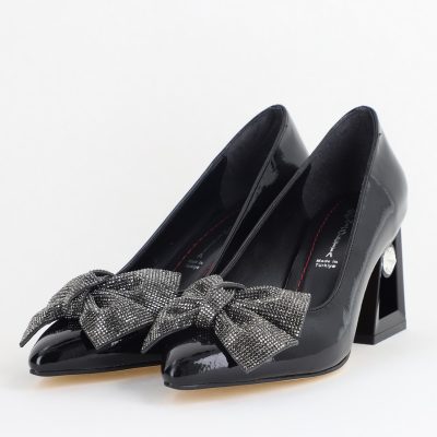 Pantofi Damă cu Toc Gros Piele Ecologică cu Fundiță Varf Ascutit culoare Negru - BS015AY2405576